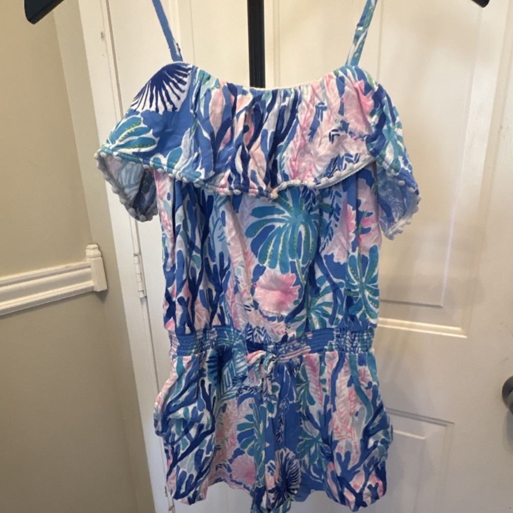 Lilly Pulitzer Girls Floral Sleeveless Romper Size L 8-10 Blue Pink Cotton Slub